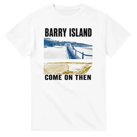 Two-colour scenic illustration for Barry Island, with the place name and COME ON THEN lettering.