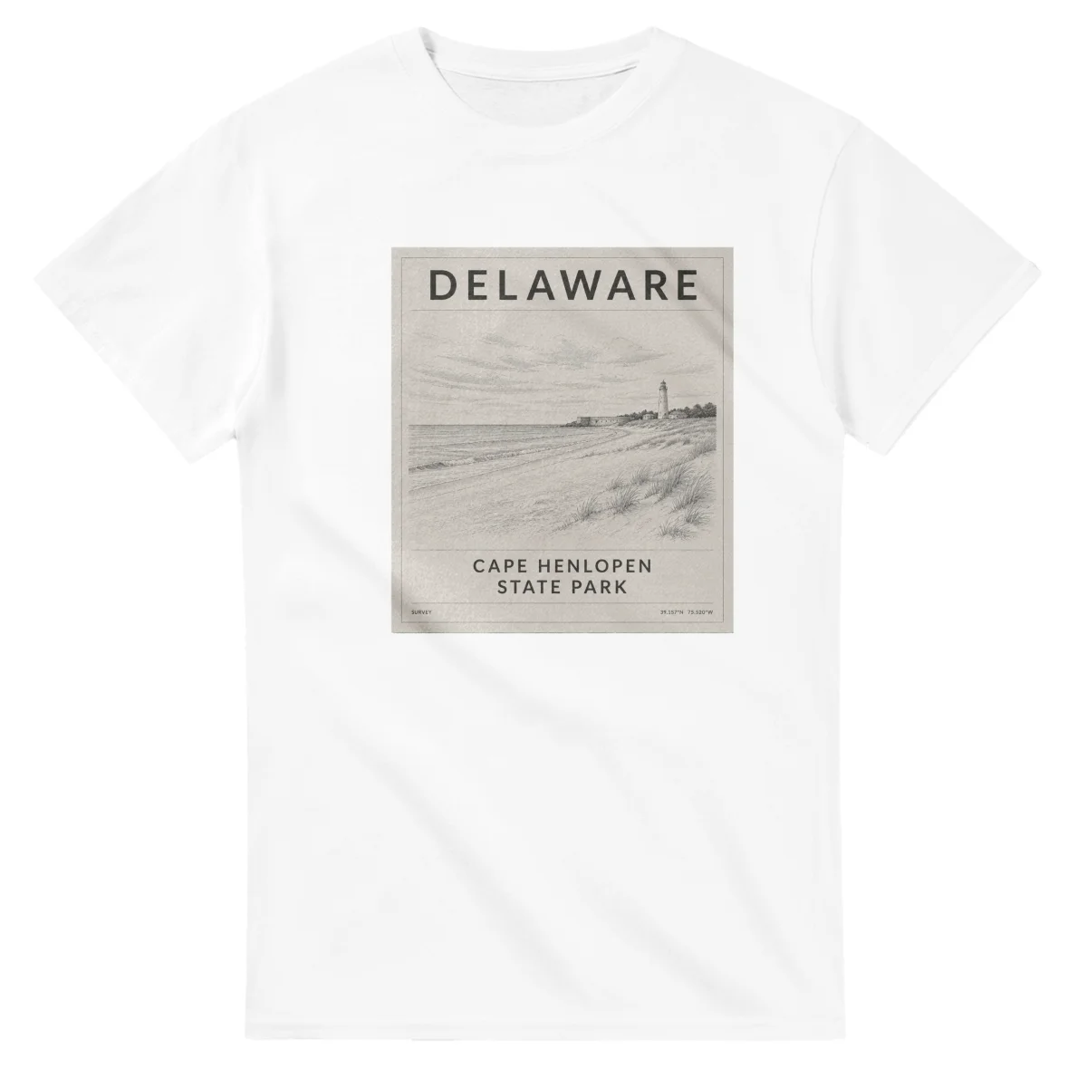 Fine-line engraving-style drawing for Delaware, with a landmark caption and small coordinate text.