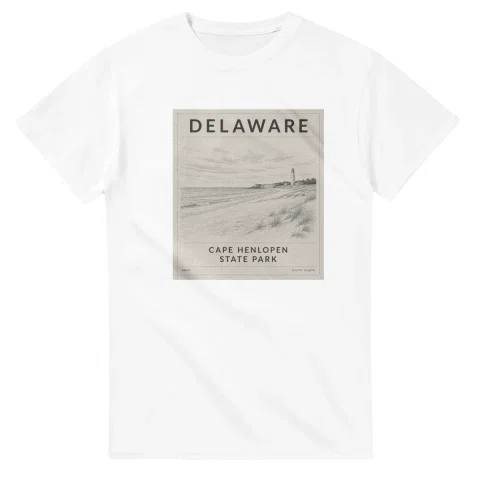 Fine-line engraving-style drawing for Delaware, with a landmark caption and small coordinate text.