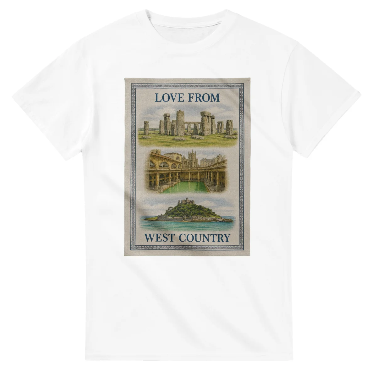 Framed scenic design for West Country, with several local views, a decorative border and LOVE FROM lettering.