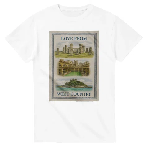 Framed scenic design for West Country, with several local views, a decorative border and LOVE FROM lettering.