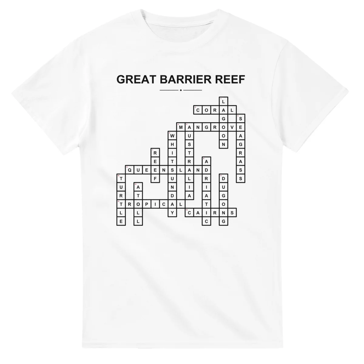 Monochrome crossword sheet for Great Barrier Reef, with a large place-name heading, a letter grid, and numbered across and down clues.