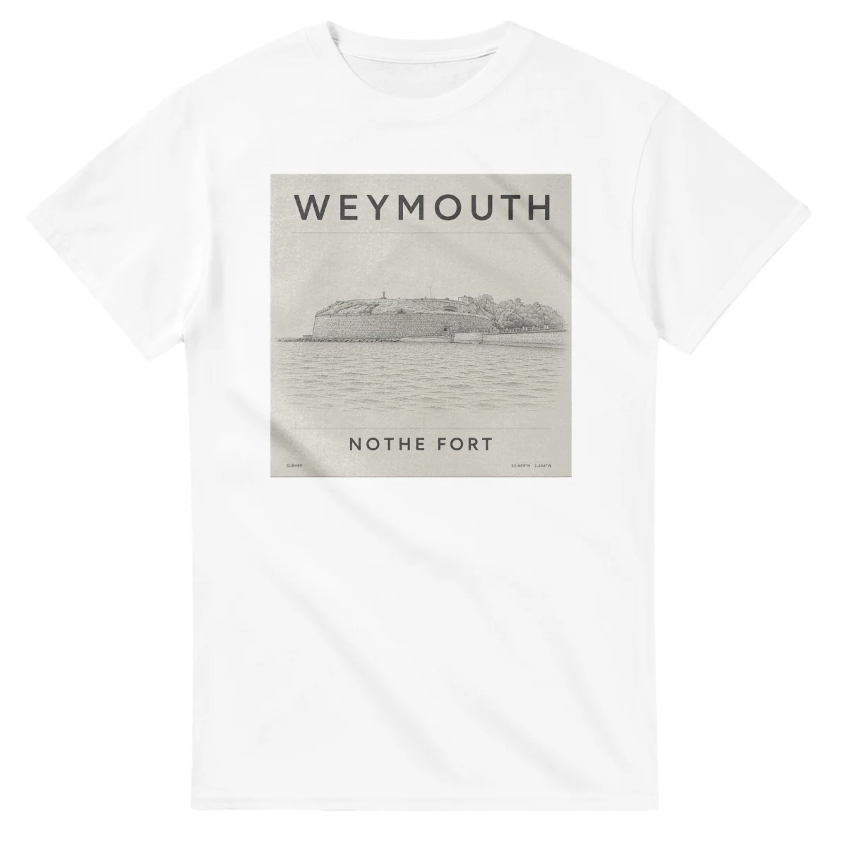 Fine-line engraving-style drawing for Weymouth, with a landmark caption and small coordinate text.