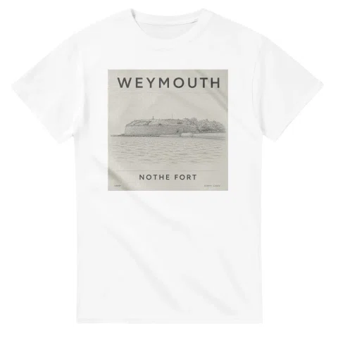 Fine-line engraving-style drawing for Weymouth, with a landmark caption and small coordinate text.