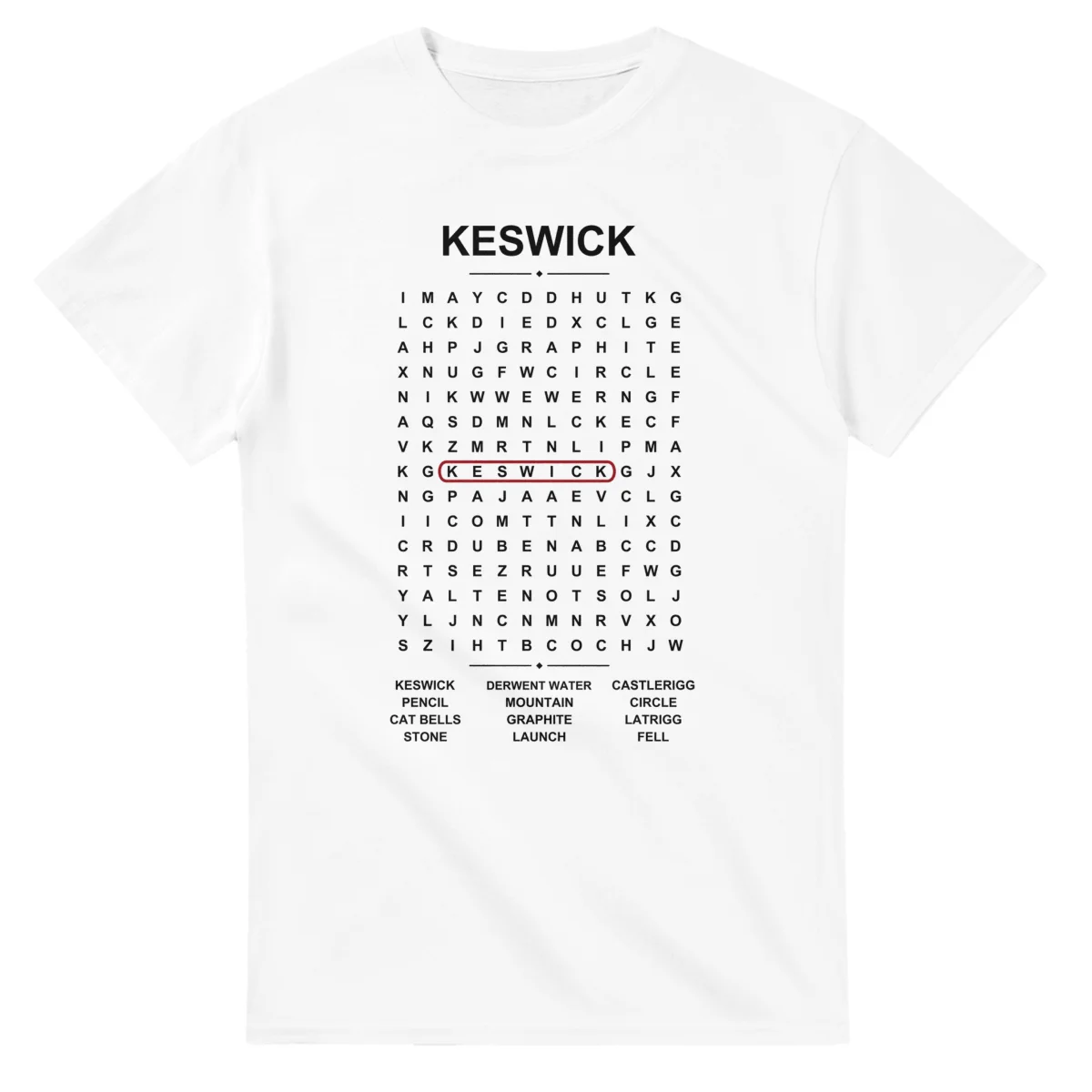 Word-search sheet for Keswick, with a large place-name heading, a letter grid, a local answer list, and a red highlighted example word.