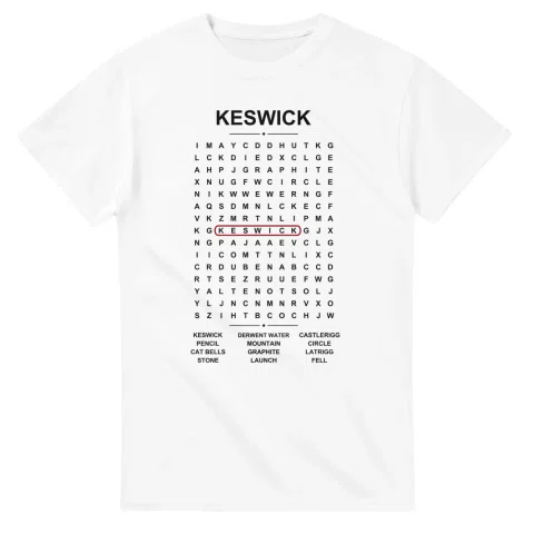 Word-search sheet for Keswick, with a large place-name heading, a letter grid, a local answer list, and a red highlighted example word.