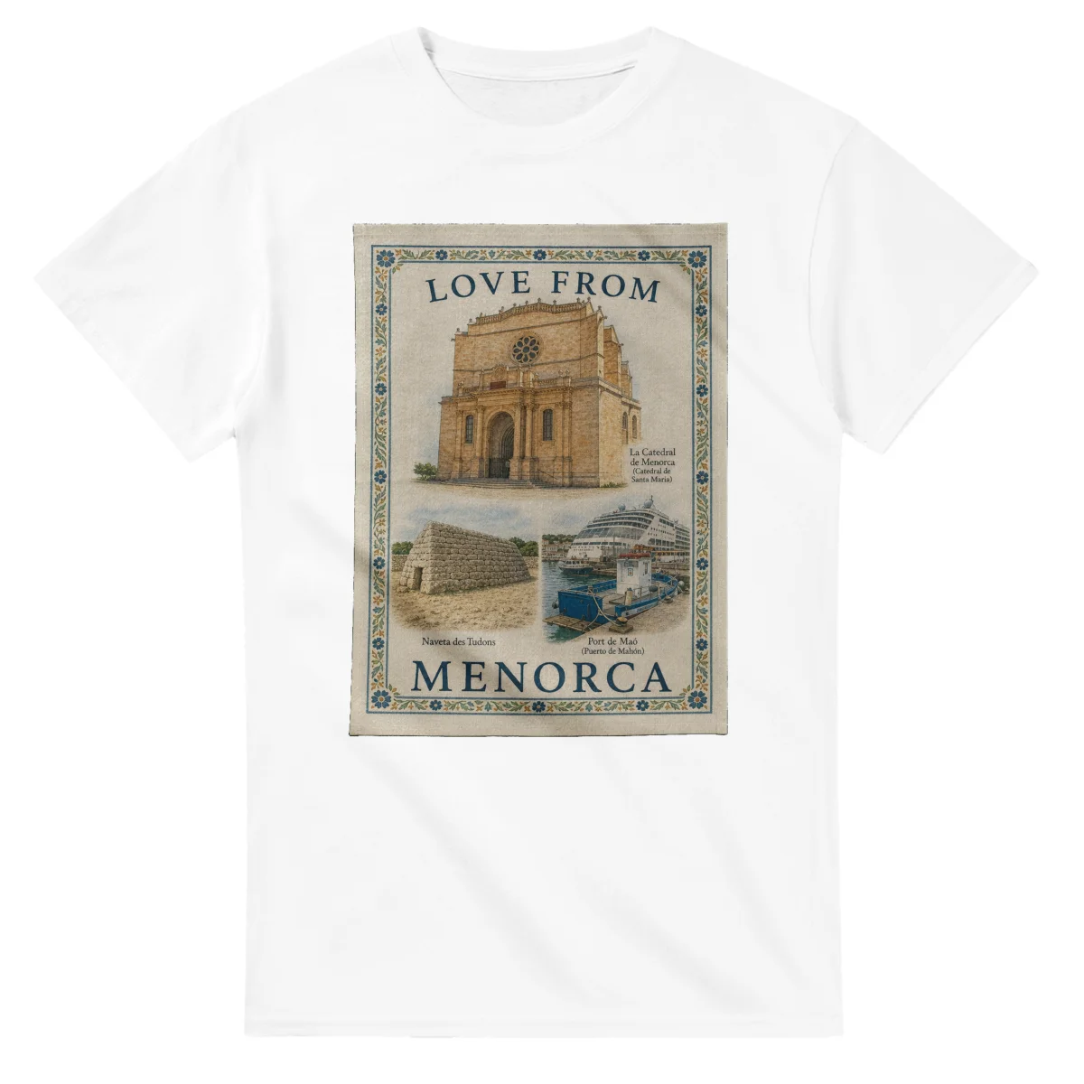 Framed scenic design for Menorca, with several local views, a decorative border and LOVE FROM lettering.