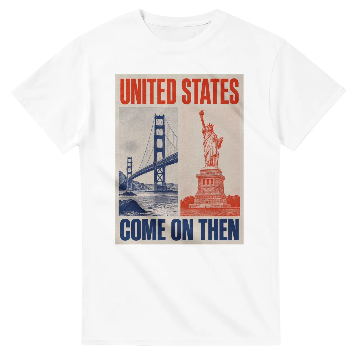 Two-colour scenic illustration for United States, with the place name and COME ON THEN lettering.