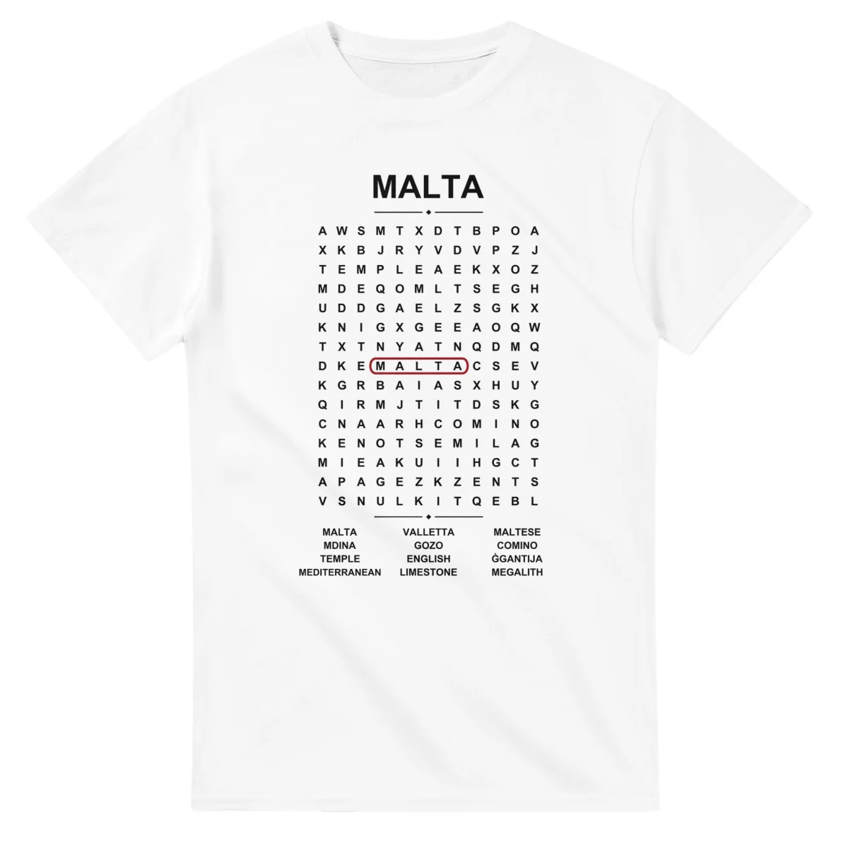 Word-search sheet for Malta, with a large place-name heading, a letter grid, a local answer list, and a red highlighted example word.