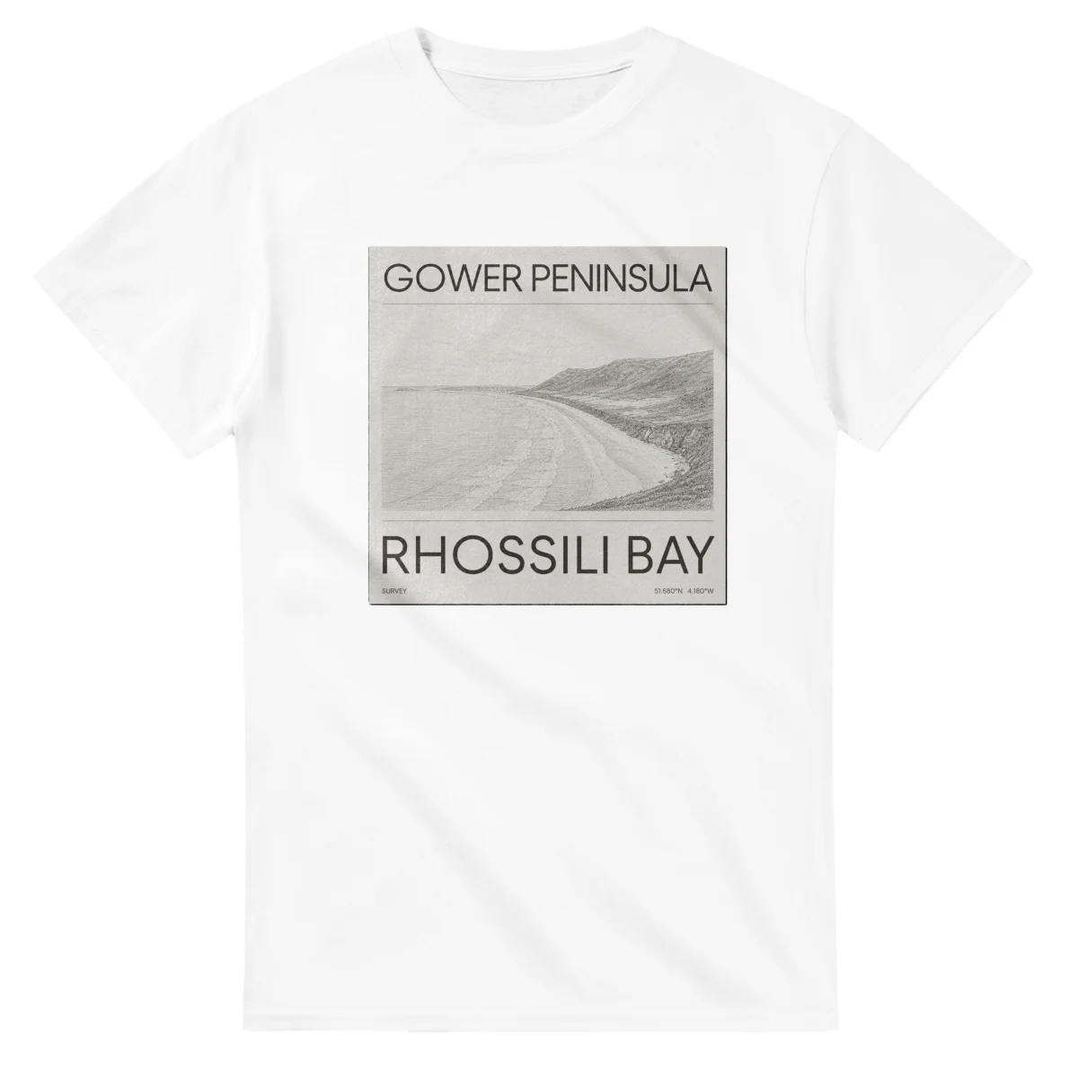 Fine-line engraving-style drawing for Gower Peninsula, with a landmark caption and small coordinate text.