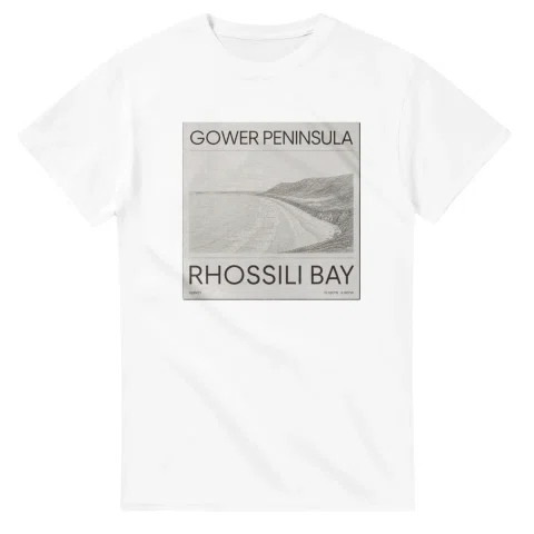 Fine-line engraving-style drawing for Gower Peninsula, with a landmark caption and small coordinate text.
