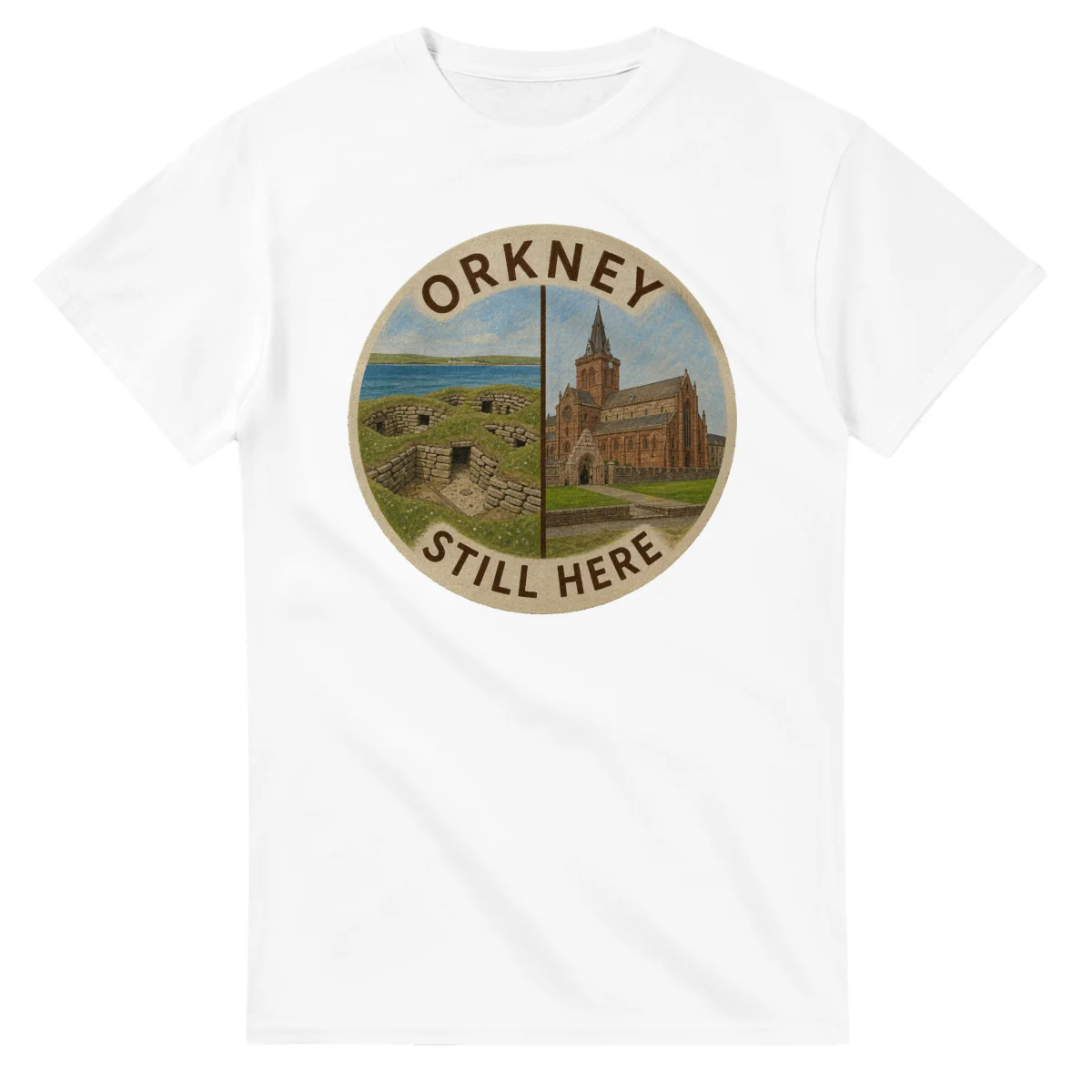 Painted, panelled scenic illustration for Orkney, with paired local scenes and the place name in lettering.