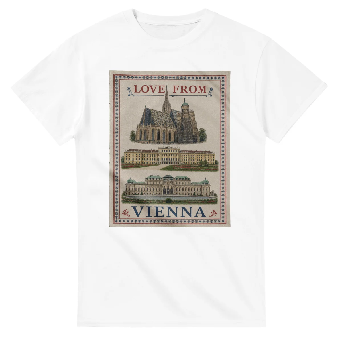 Framed scenic design for Vienna, with several local views, a decorative border and LOVE FROM lettering.