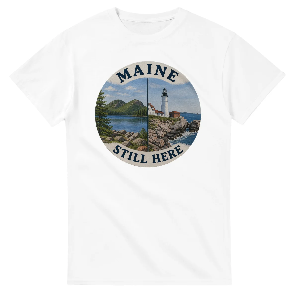 Painted, panelled scenic illustration for Maine, with paired local scenes and the place name in lettering.