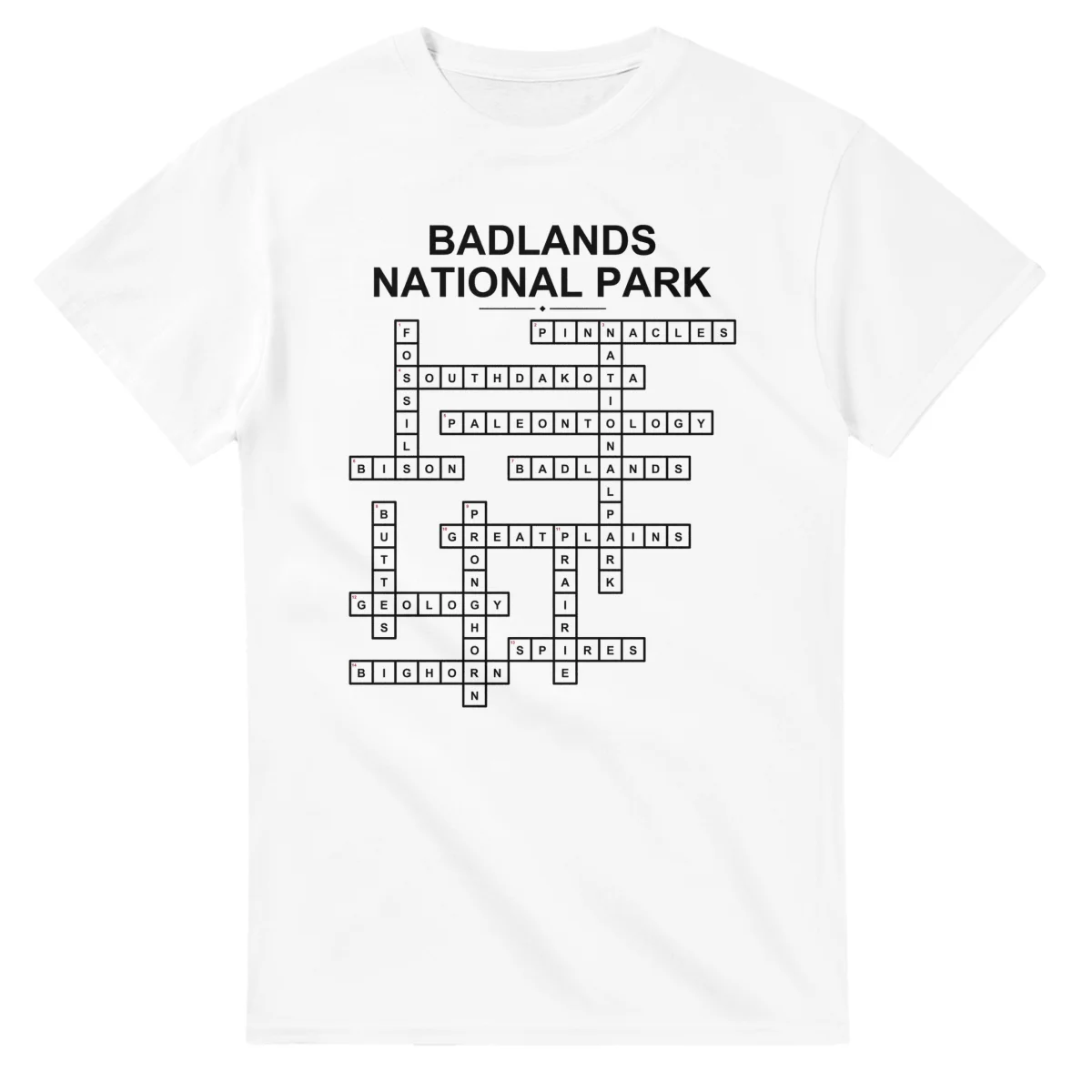 Monochrome crossword sheet for Badlands National Park, with a large place-name heading, a letter grid, and numbered across and down clues.