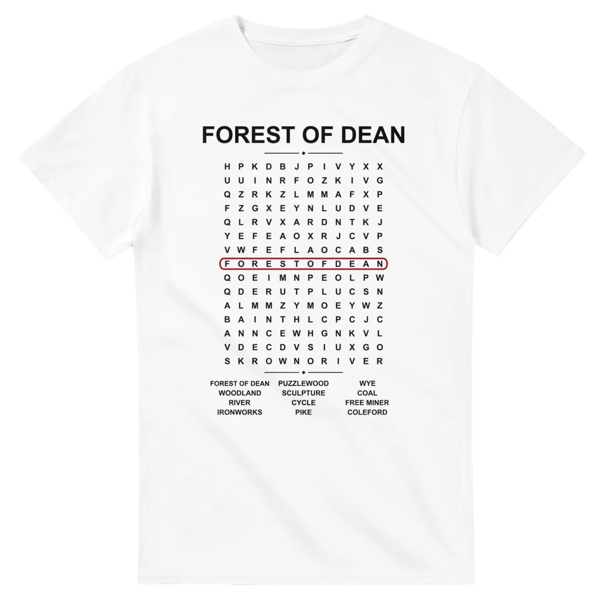 Word-search sheet for Forest of Dean, with a large place-name heading, a letter grid, a local answer list, and a red highlighted example word.