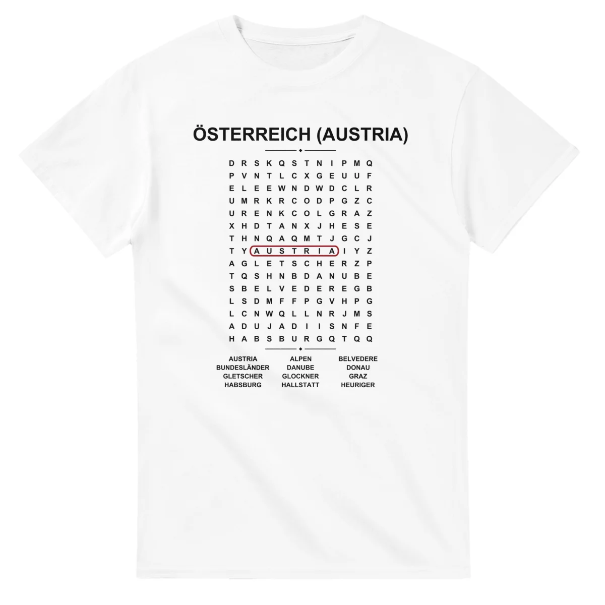 Word-search sheet for Österreich (Austria), with a large place-name heading, a letter grid, a local answer list, and a red highlighted example word.