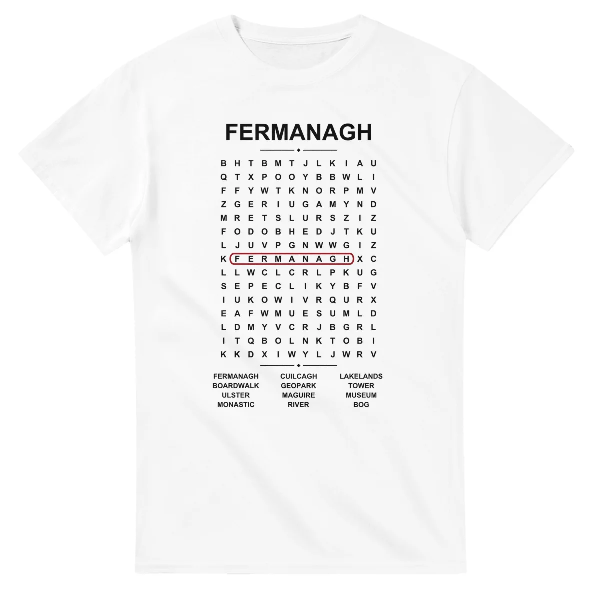 Word-search sheet for Fermanagh, with a large place-name heading, a letter grid, a local answer list, and a red highlighted example word.