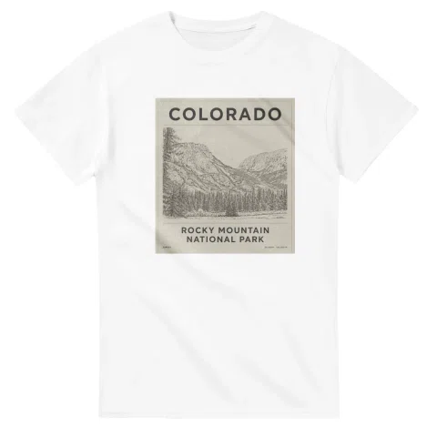 Fine-line engraving-style drawing for Colorado, with a landmark caption and small coordinate text.