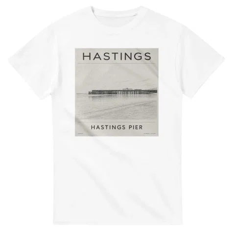 Fine-line engraving-style drawing for Hastings, with a landmark caption and small coordinate text.
