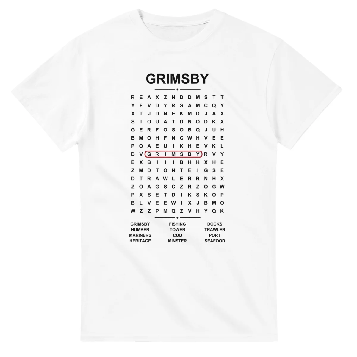 Word-search sheet for Grimsby, with a large place-name heading, a letter grid, a local answer list, and a red highlighted example word.