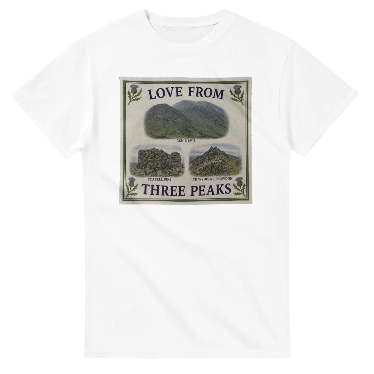 Framed scenic design for Three Peaks, with several local views, a decorative border and LOVE FROM lettering.