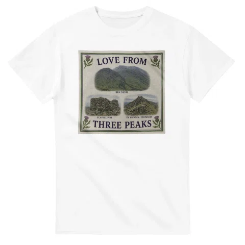 Framed scenic design for Three Peaks, with several local views, a decorative border and LOVE FROM lettering.