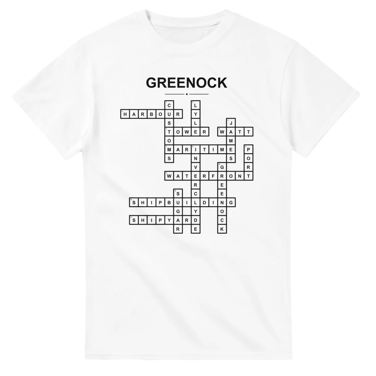Monochrome crossword sheet for Greenock, with a large place-name heading, a letter grid, and numbered across and down clues.