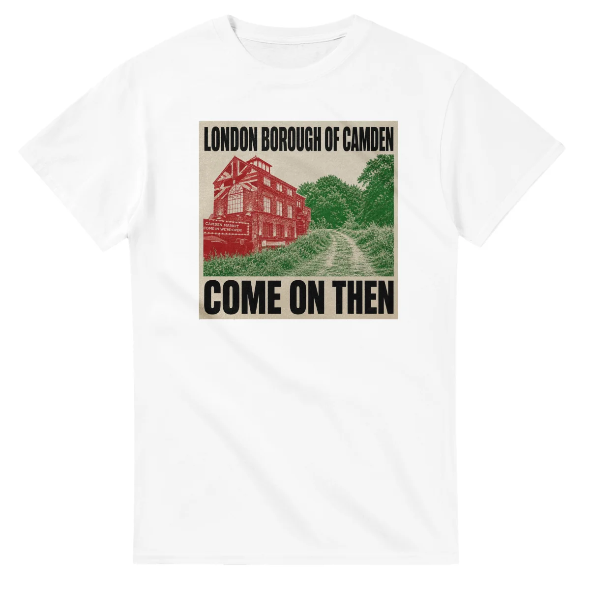 Two-colour scenic illustration for London Borough of Camden, with the place name and COME ON THEN lettering.