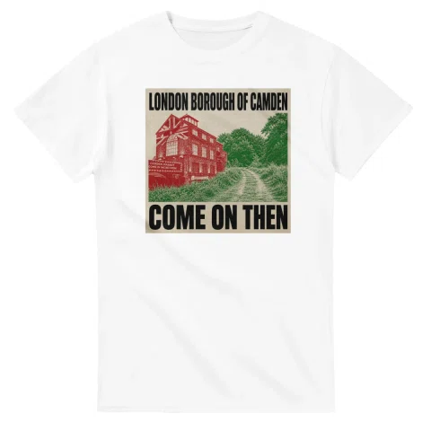 Two-colour scenic illustration for London Borough of Camden, with the place name and COME ON THEN lettering.