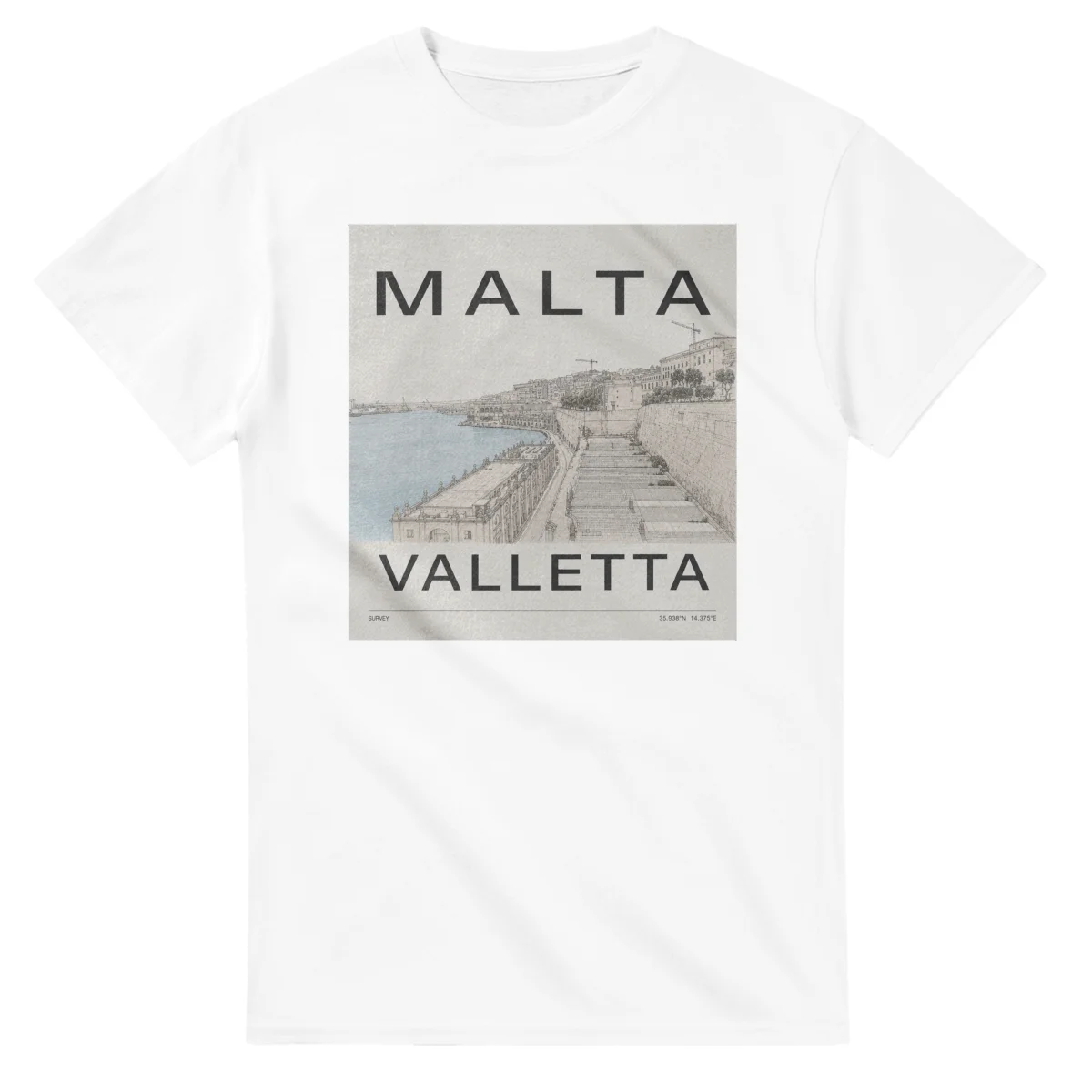Fine-line engraving-style drawing for Malta, with a landmark caption and small coordinate text.