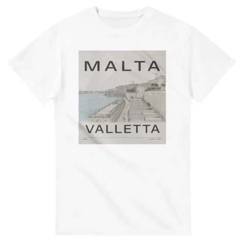 Fine-line engraving-style drawing for Malta, with a landmark caption and small coordinate text.