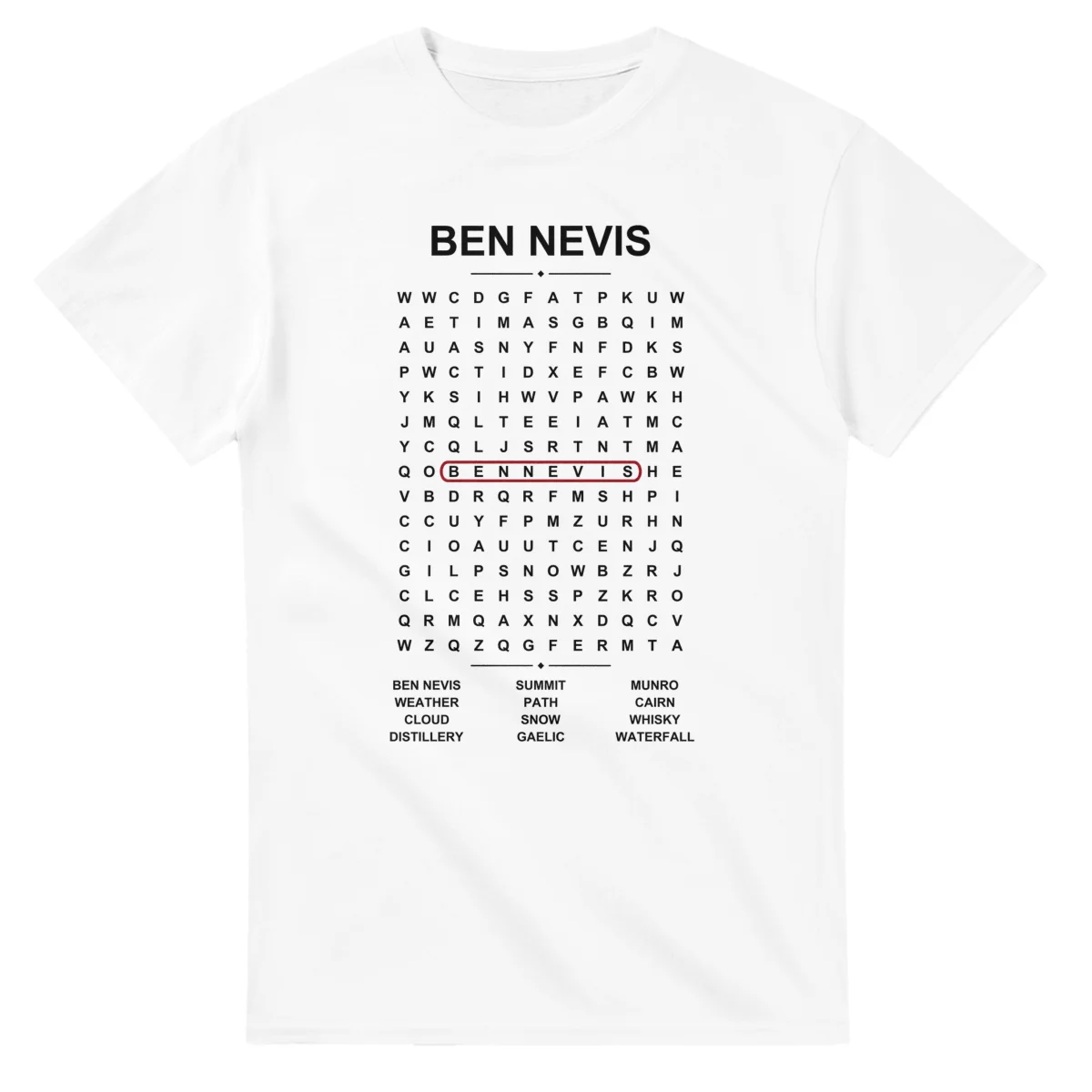 Word-search sheet for Ben Nevis, with a large place-name heading, a letter grid, a local answer list, and a red highlighted example word.
