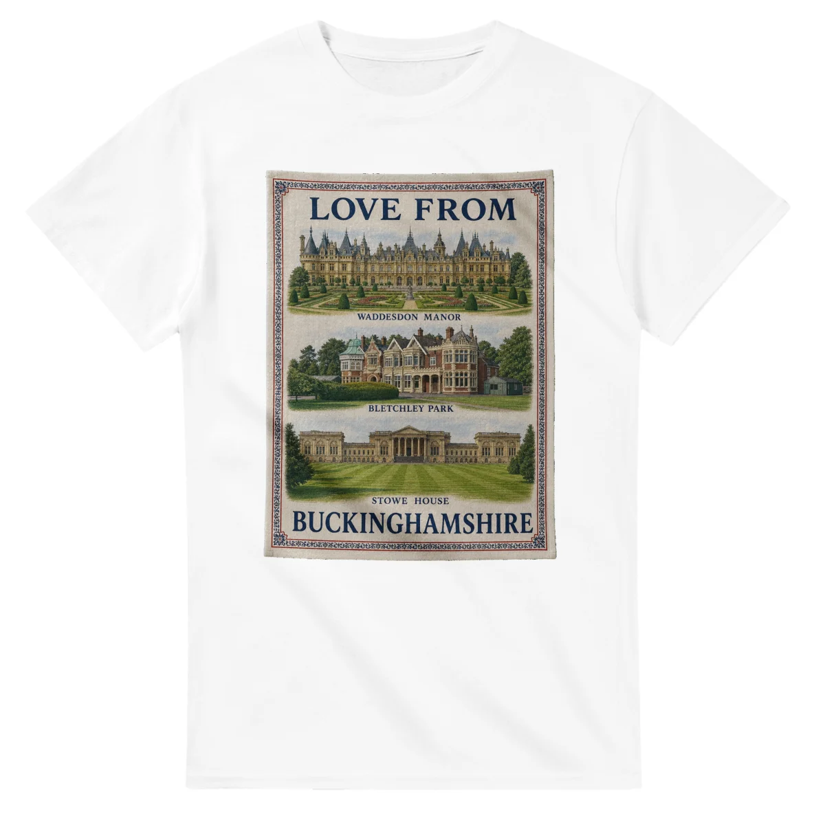 Framed scenic design for Buckinghamshire, with several local views, a decorative border and LOVE FROM lettering.