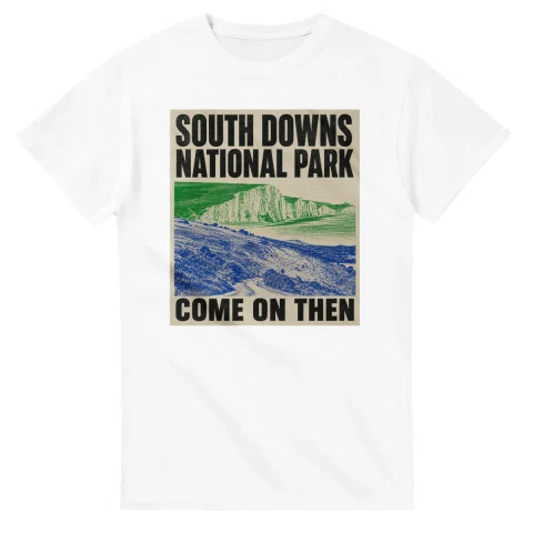 Two-colour scenic illustration for South Downs National Park, with the place name and COME ON THEN lettering.