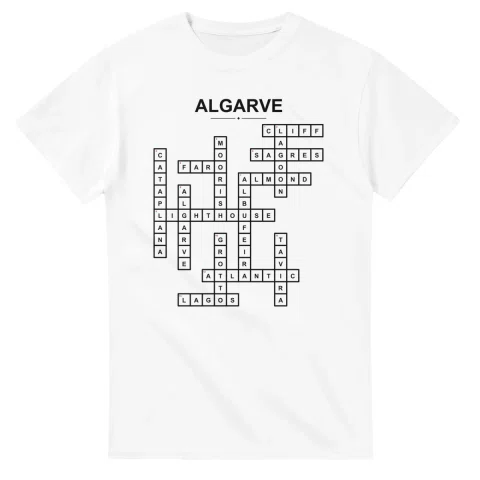 Monochrome crossword sheet for Algarve, with a large place-name heading, a letter grid, and numbered across and down clues.