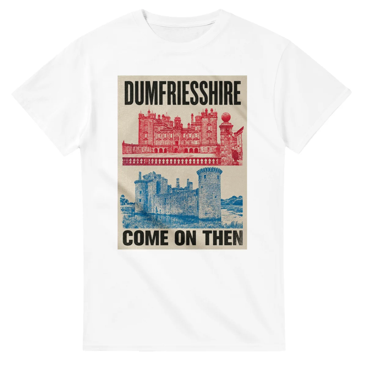Two-colour scenic illustration for Dumfriesshire, with the place name and COME ON THEN lettering.