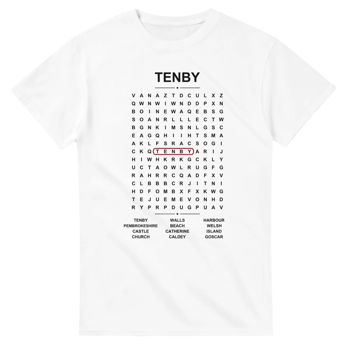 Word-search sheet for Tenby, with a large place-name heading, a letter grid, a local answer list, and a red highlighted example word.