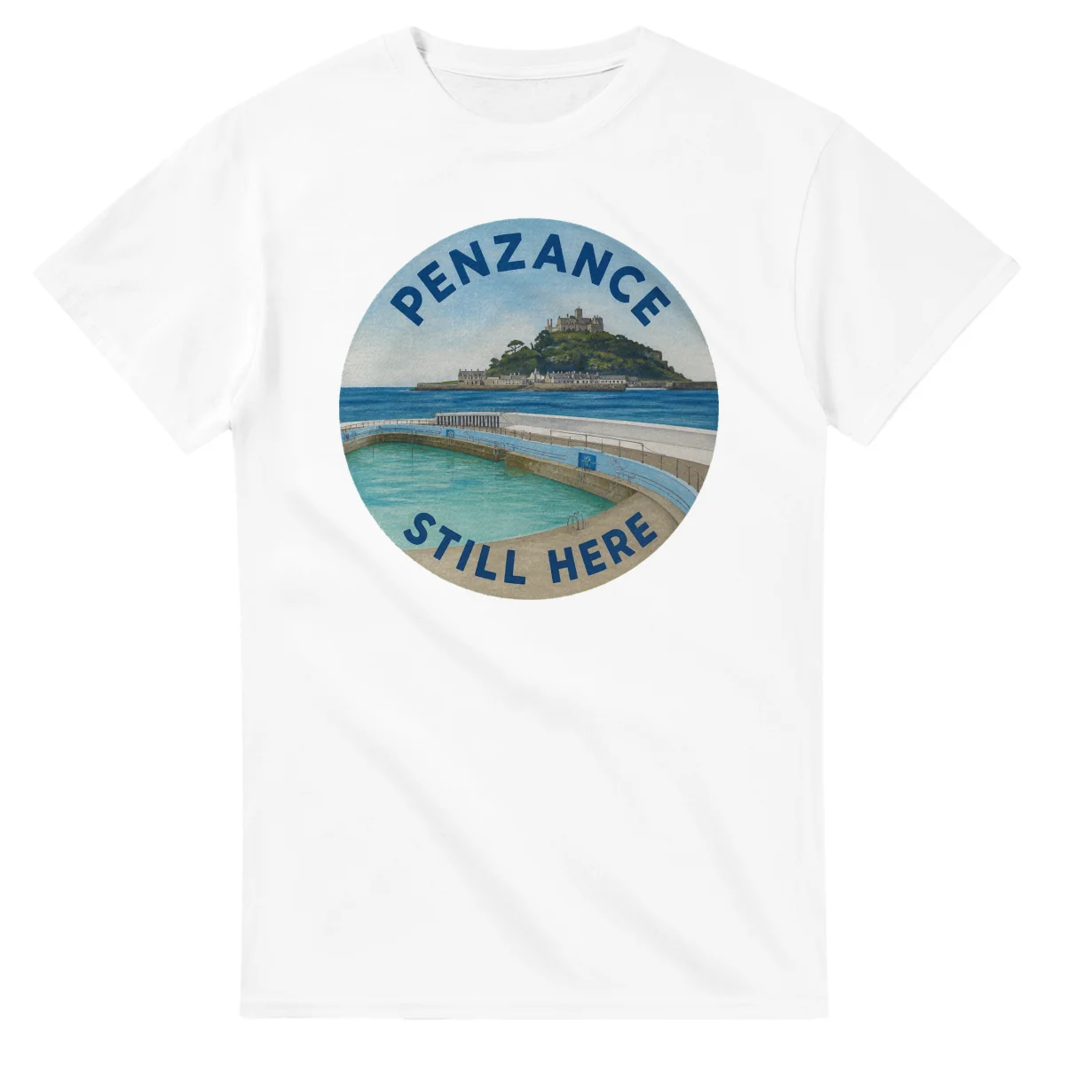 Painted, panelled scenic illustration for Penzance, with paired local scenes and the place name in lettering.