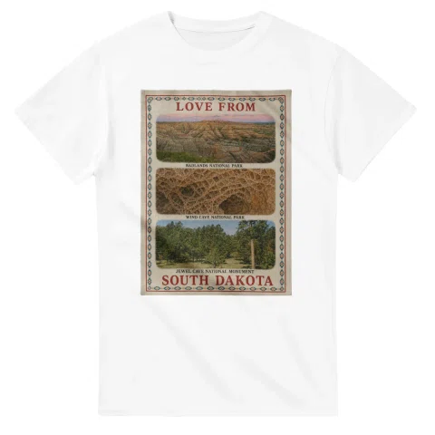 Framed scenic design for South Dakota, with several local views, a decorative border and LOVE FROM lettering.