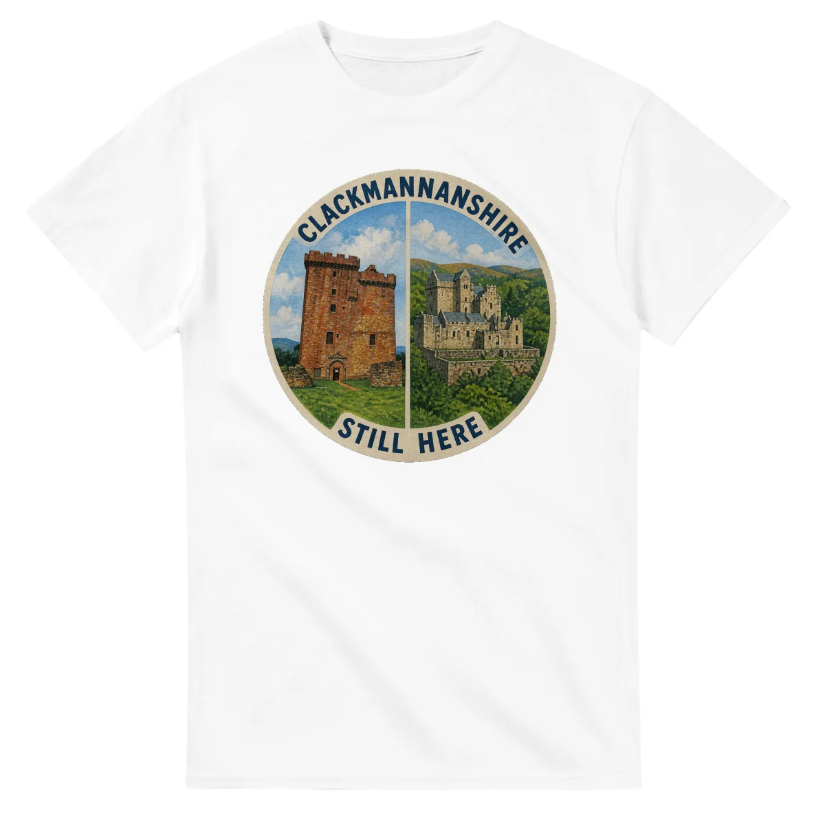 Painted, panelled scenic illustration for Clackmannanshire, with paired local scenes and the place name in lettering.