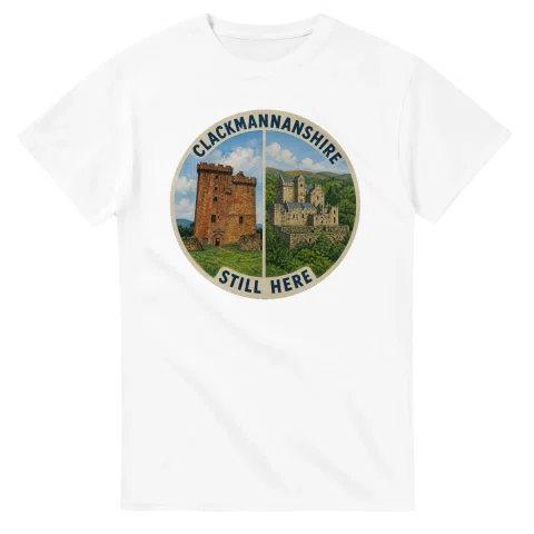 Painted, panelled scenic illustration for Clackmannanshire, with paired local scenes and the place name in lettering.