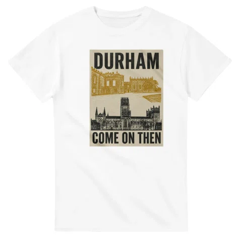 Two-colour scenic illustration for County Durham, with the place name and COME ON THEN lettering.