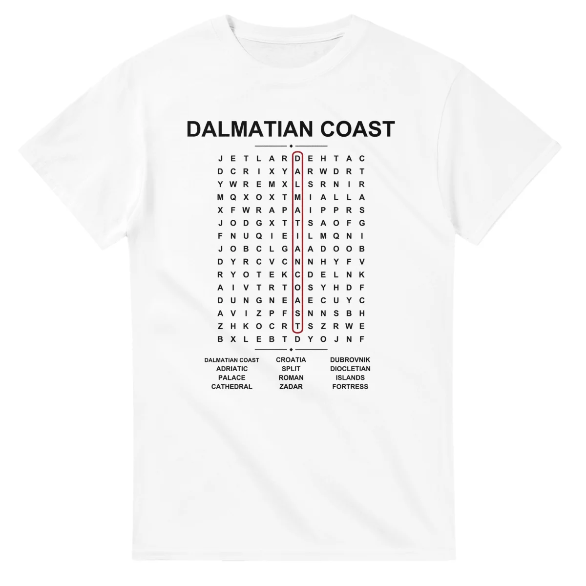 Word-search sheet for Dalmatian Coast, with a large place-name heading, a letter grid, a local answer list, and a red highlighted example word.