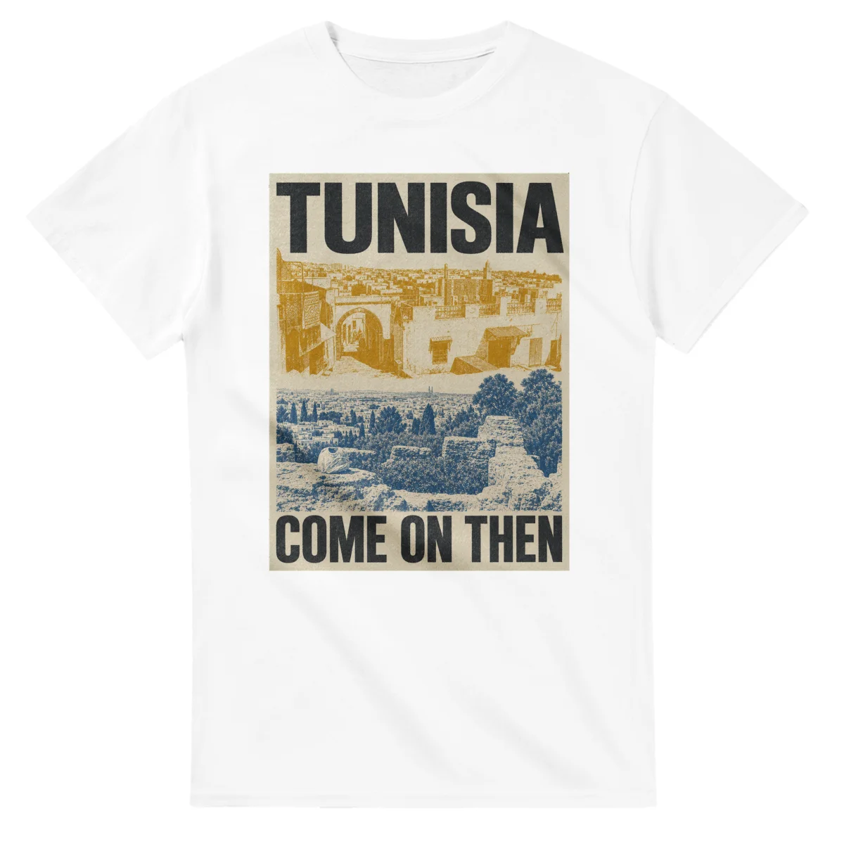 Two-colour scenic illustration for Tunisia, with the place name and COME ON THEN lettering.