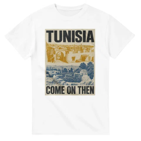 Two-colour scenic illustration for Tunisia, with the place name and COME ON THEN lettering.