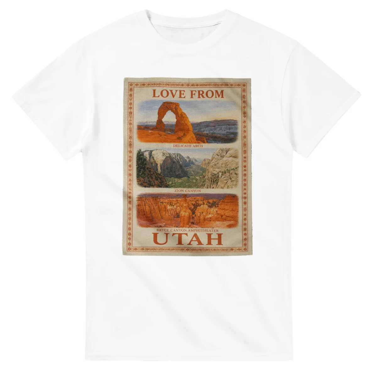 Framed scenic design for Utah, with several local views, a decorative border and LOVE FROM lettering.