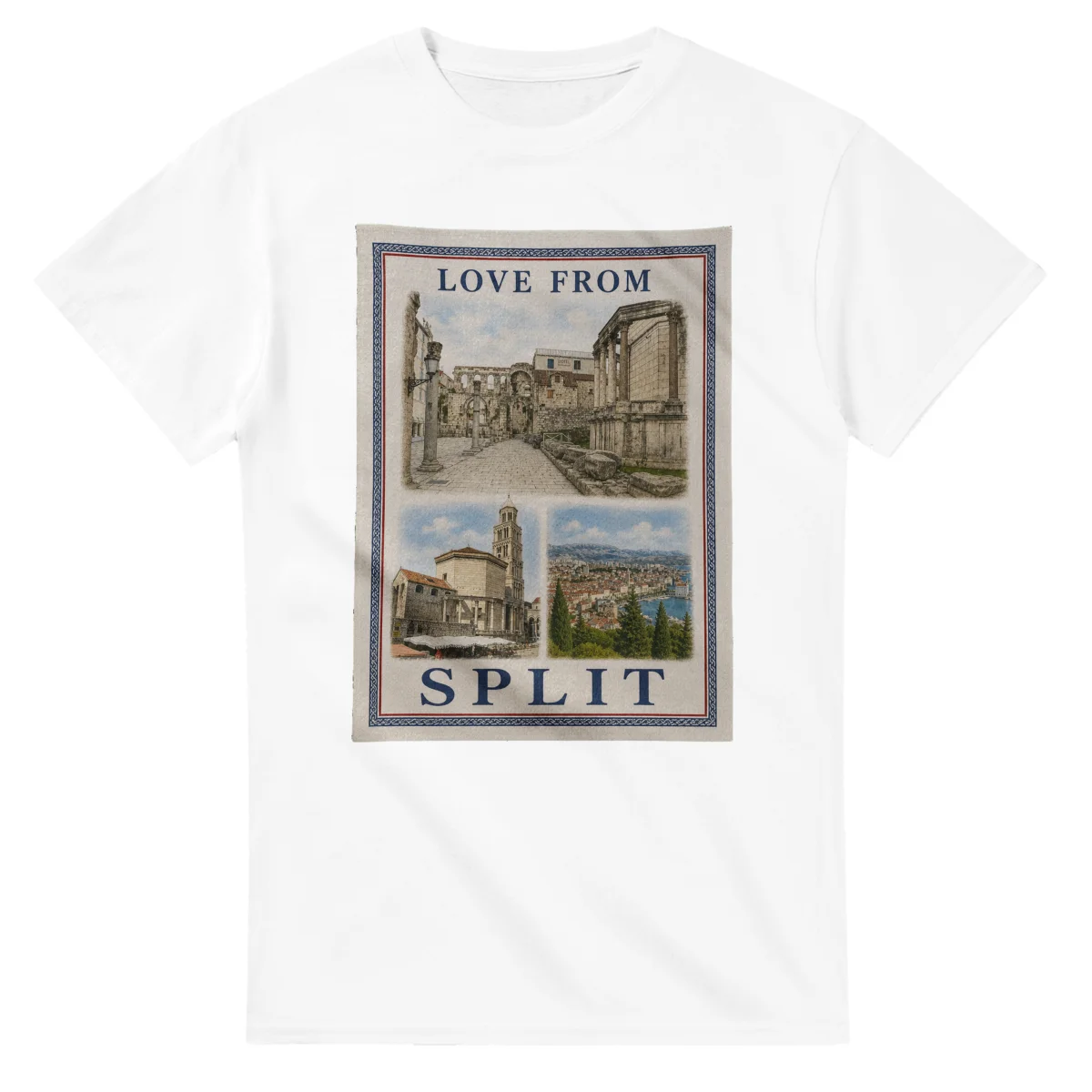 Framed scenic design for Split, with several local views, a decorative border and LOVE FROM lettering.