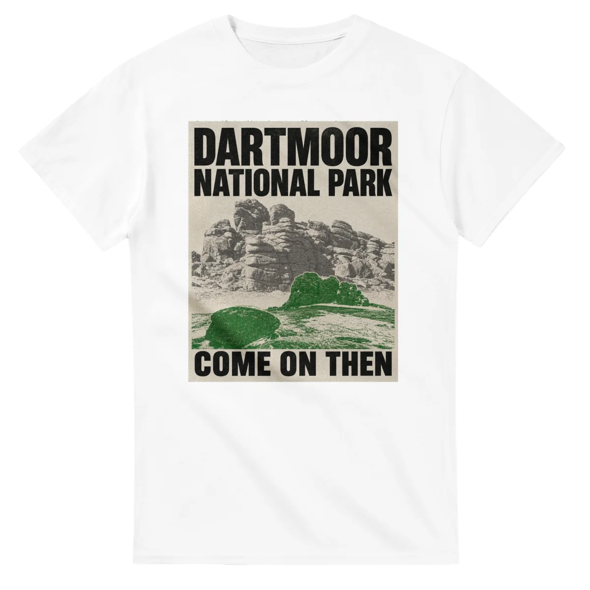 Two-colour scenic illustration for Dartmoor National Park, with the place name and COME ON THEN lettering.