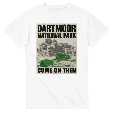 Two-colour scenic illustration for Dartmoor National Park, with the place name and COME ON THEN lettering.